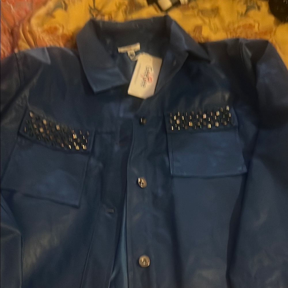 Blue Faux Leather Jacket with Studded Pockets